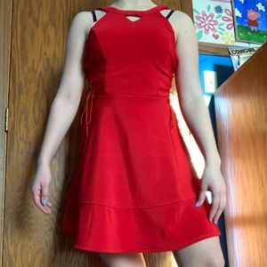 Red short high neck Formal dress.